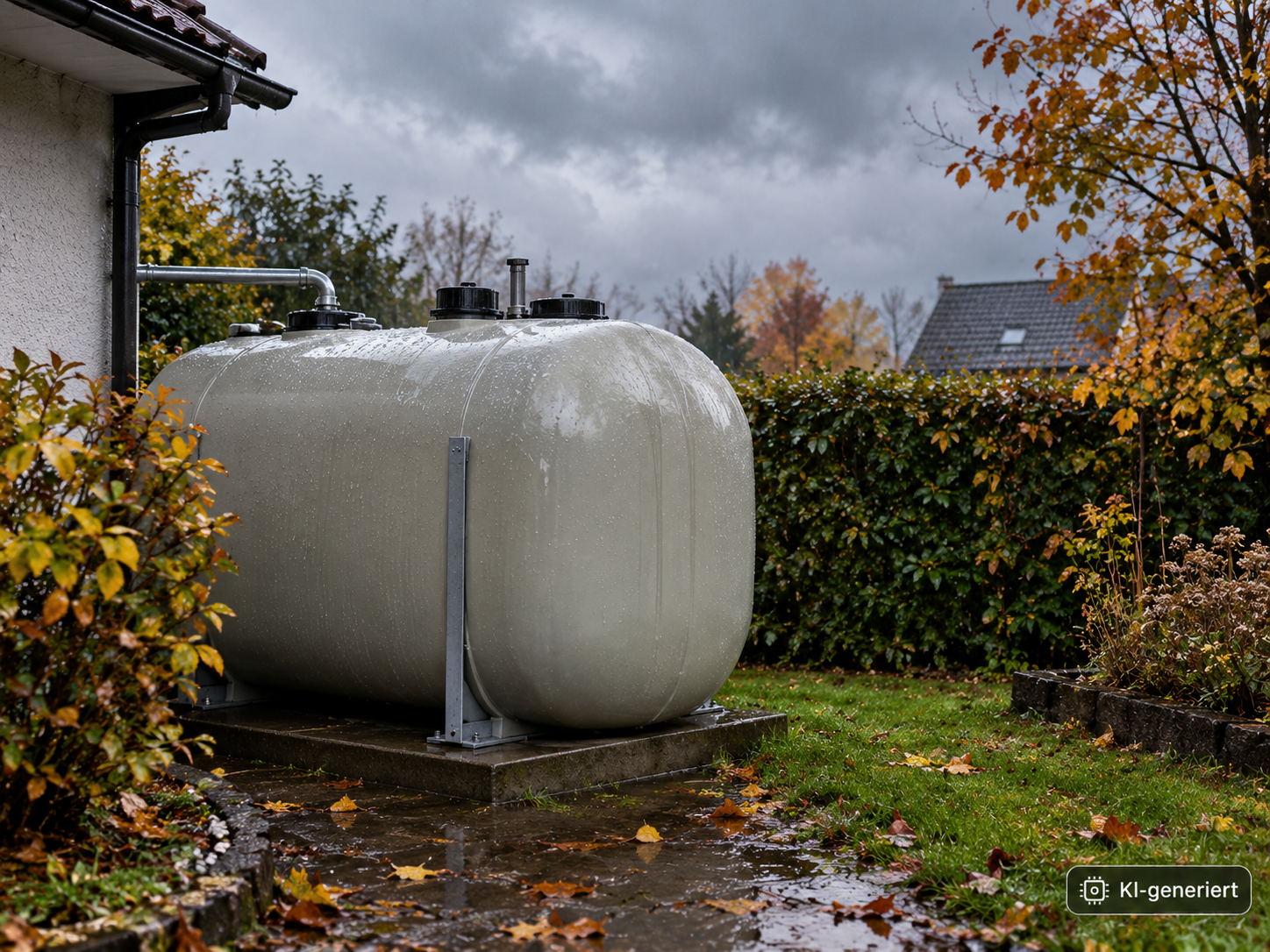 Beispielbild KI erzeugt_Regennasser Oltank im Herbstgarten