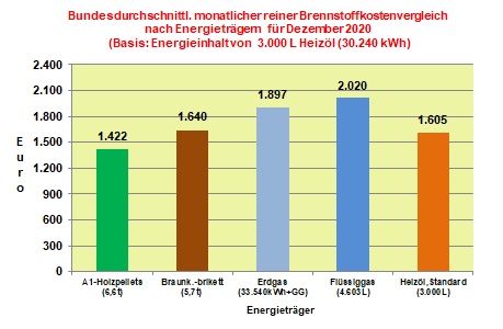 Brennstoffkostenvergleich Dezember 2020: Flssiggas teuerster Energietrger