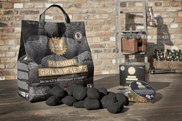 Premium Grillbriketts gr.Tüte + Brennpaste + Edelstahl Anzündkamin