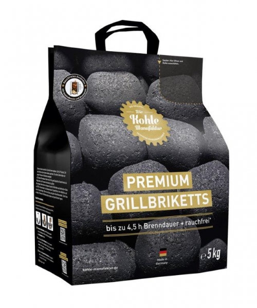 Premium Grillbriketts gr.Tüte + Brennpaste + Edelstahl Anzündkamin
