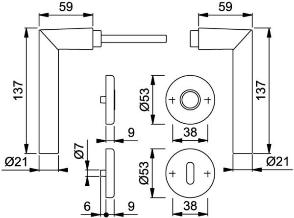 Türdrückerpaar Ams.1400 Alu.F1 o.Rosetten 4-KT.8mm HOPPE